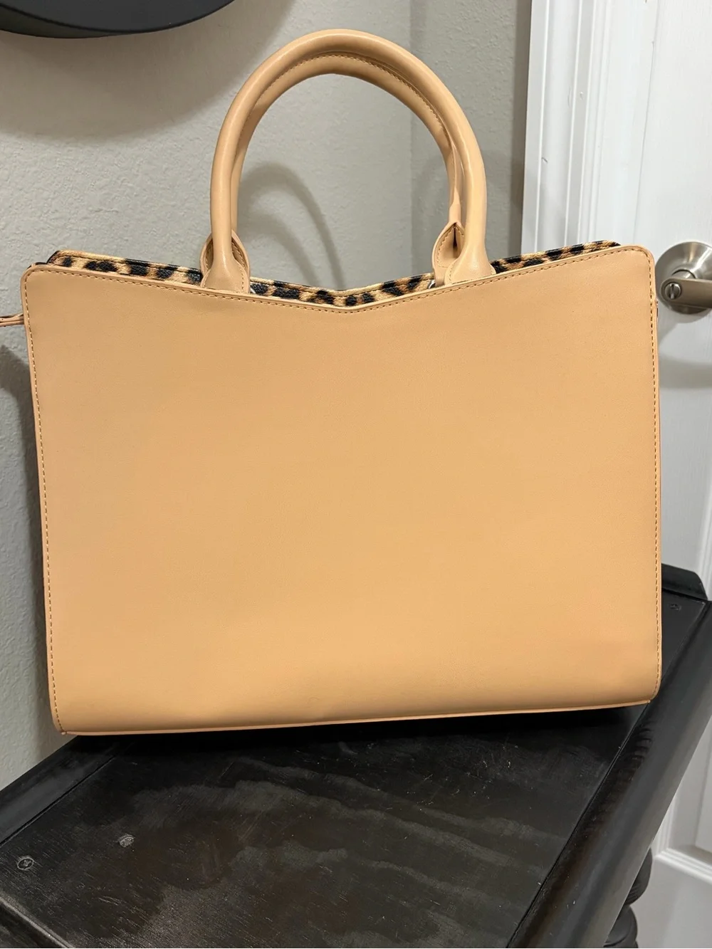 Sassy Jones Beige Satchel with Leopard Panels